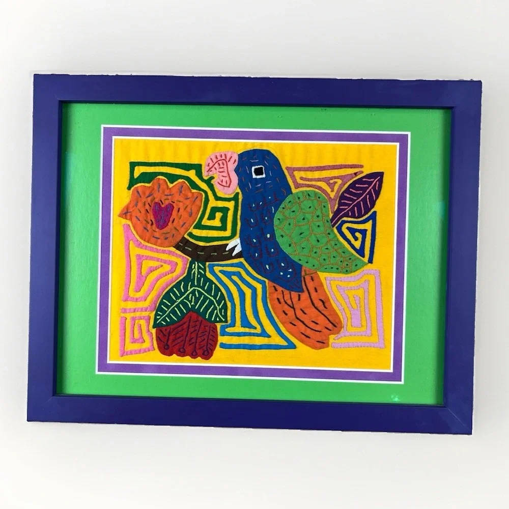 VTG Kuna Mola Hand Sewn Art Textile Fabric Folk Fabric Parrot Bird Framed